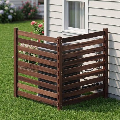2-panel brown wooden outdoor privacy screen with ground stakes around an AC unit DirectDeals on Tampa Home & Garden Store
