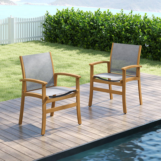 Set of 2 Patio Dining Chairs with Breathable Fabric and Acacia Wood Frame - Tampa Home & Garden Store