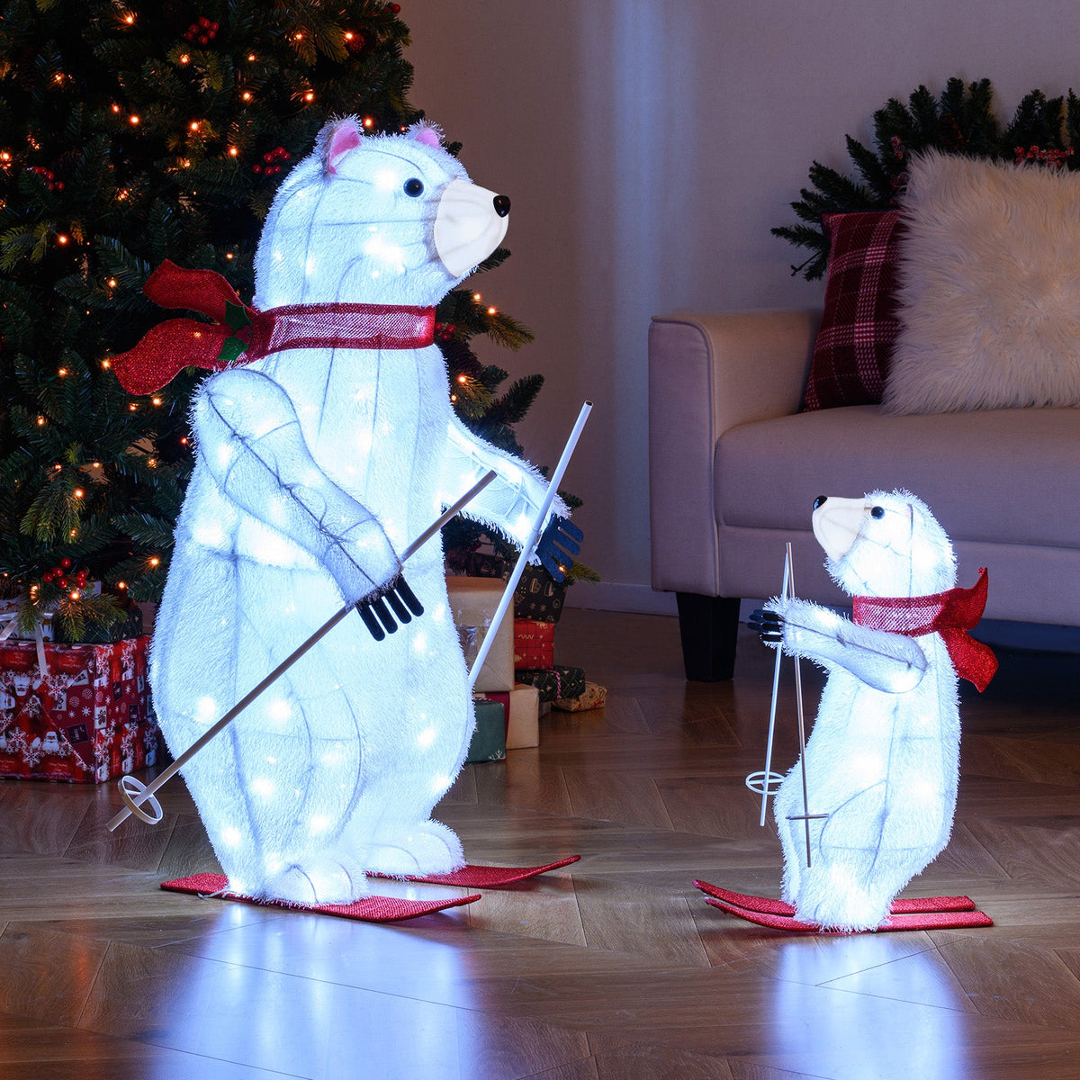 Polar bear snow globe decorations, 2-pack animated, pre-lit bears with red scarves and ski poles, DirectDeals on Tampa Home & Garden Store