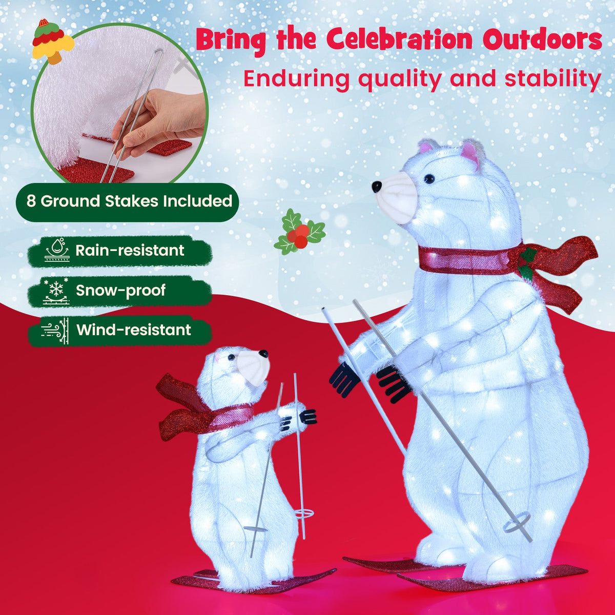 2-pack DirectDeals polar bear skiing decorations, pre-lit, white fur, red scarf, stakes included on Tampa Home & Garden Store
