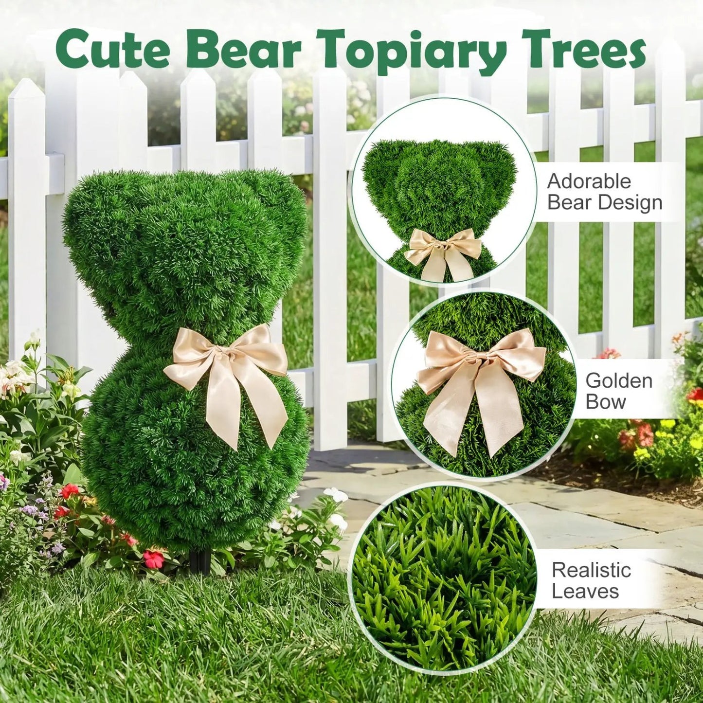 2 Pieces Teddy Bear Topiary Trees With Golden Bow