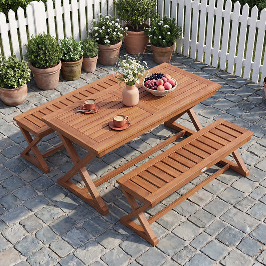 2-person 44in solid wood outdoor bench with slatted seat and table on stone patio by DirectDeals on Tampa Home & Garden Store