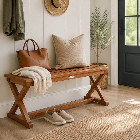 DirectDeals 2-person 44-inch solid wood outdoor bench with slatted seat warm brown on Tampa Home & Garden Store