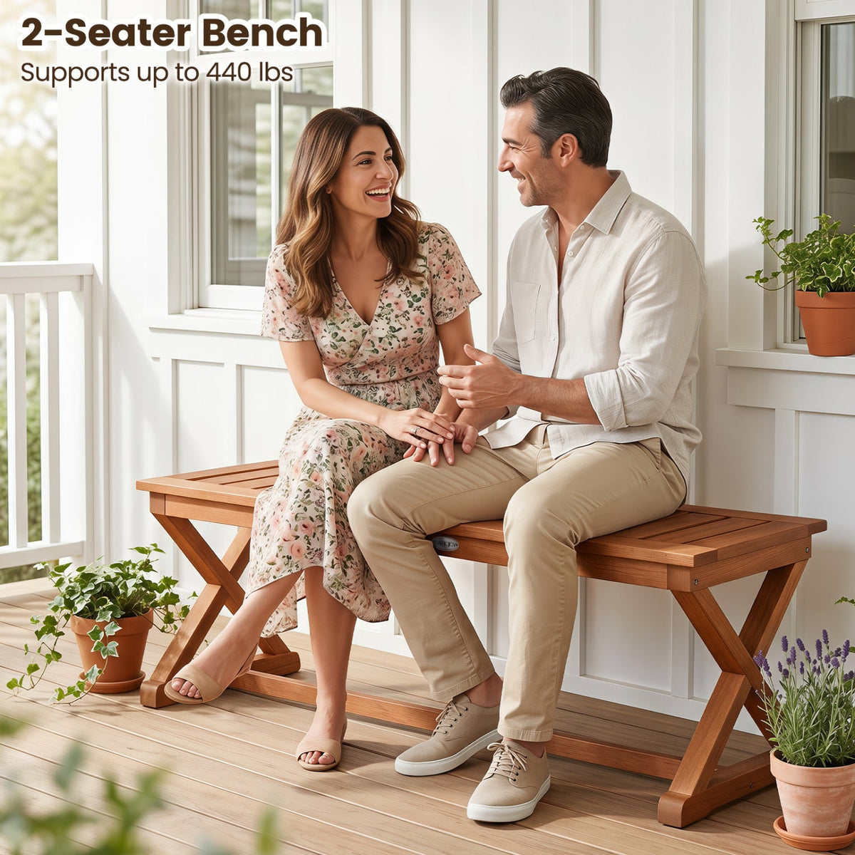 2-Person 44in solid wood outdoor bench with slatted seat DirectDeals on a porch with a couple on Tampa Home & Garden Store