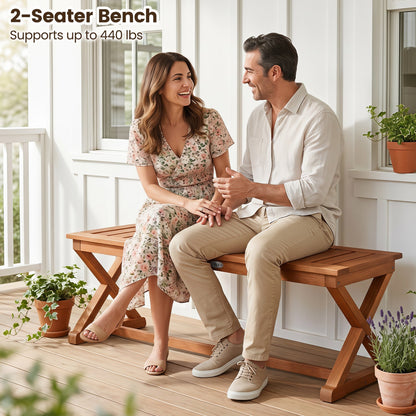 2-Person 44in solid wood outdoor bench with slatted seat DirectDeals on a porch with a couple on Tampa Home & Garden Store