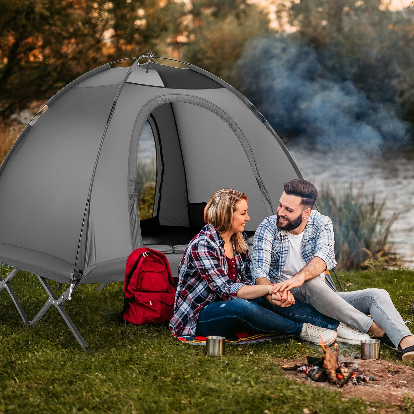 2-Person GemGear camping cot tent foldable off-ground gray setup for adults on Tampa Home & Garden Store