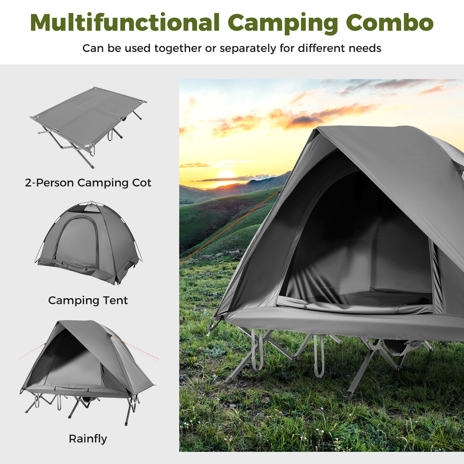 GemGear 2-Person Camping Cot & Tent Combo; gray foldable cot and tent with rainfly on Tampa Home & Garden Store