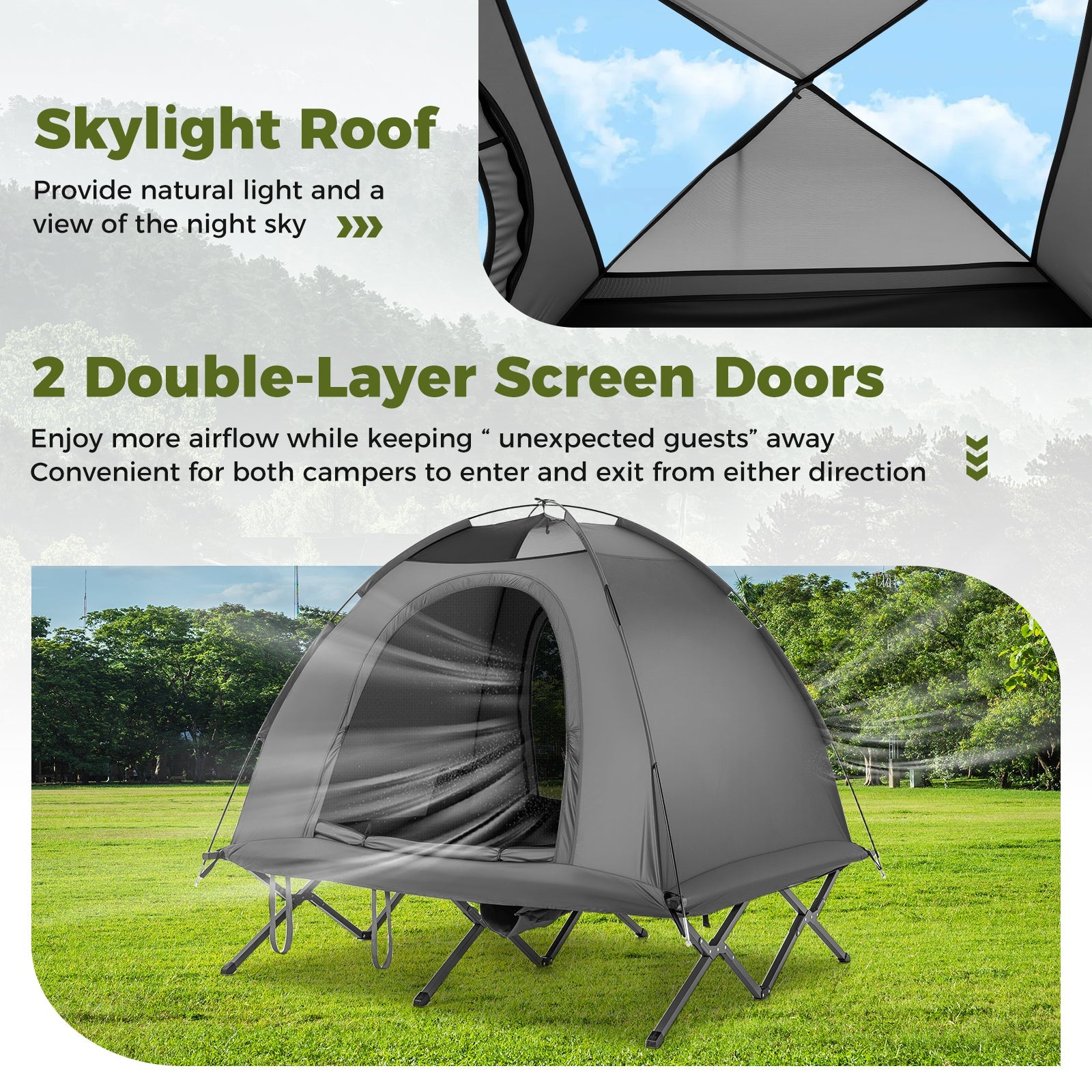 GemGear 2-Person Camping Cot Tent foldable off-ground gray fabric with metal legs on grass on Tampa Home & Garden Store