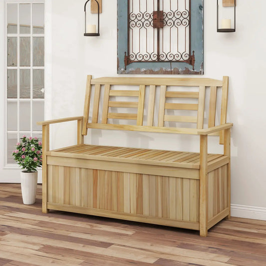 2-Person Outdoor Storage Bench with Backrest by DirectDeals, 49 Gallon capacity, natural wood finish on Tampa Home & Garden Store