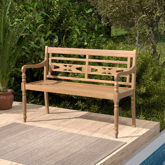 2-Person Teak Wood Patio Bench with Wide Backrest and Curved Armrests - Tampa Home & Garden Store