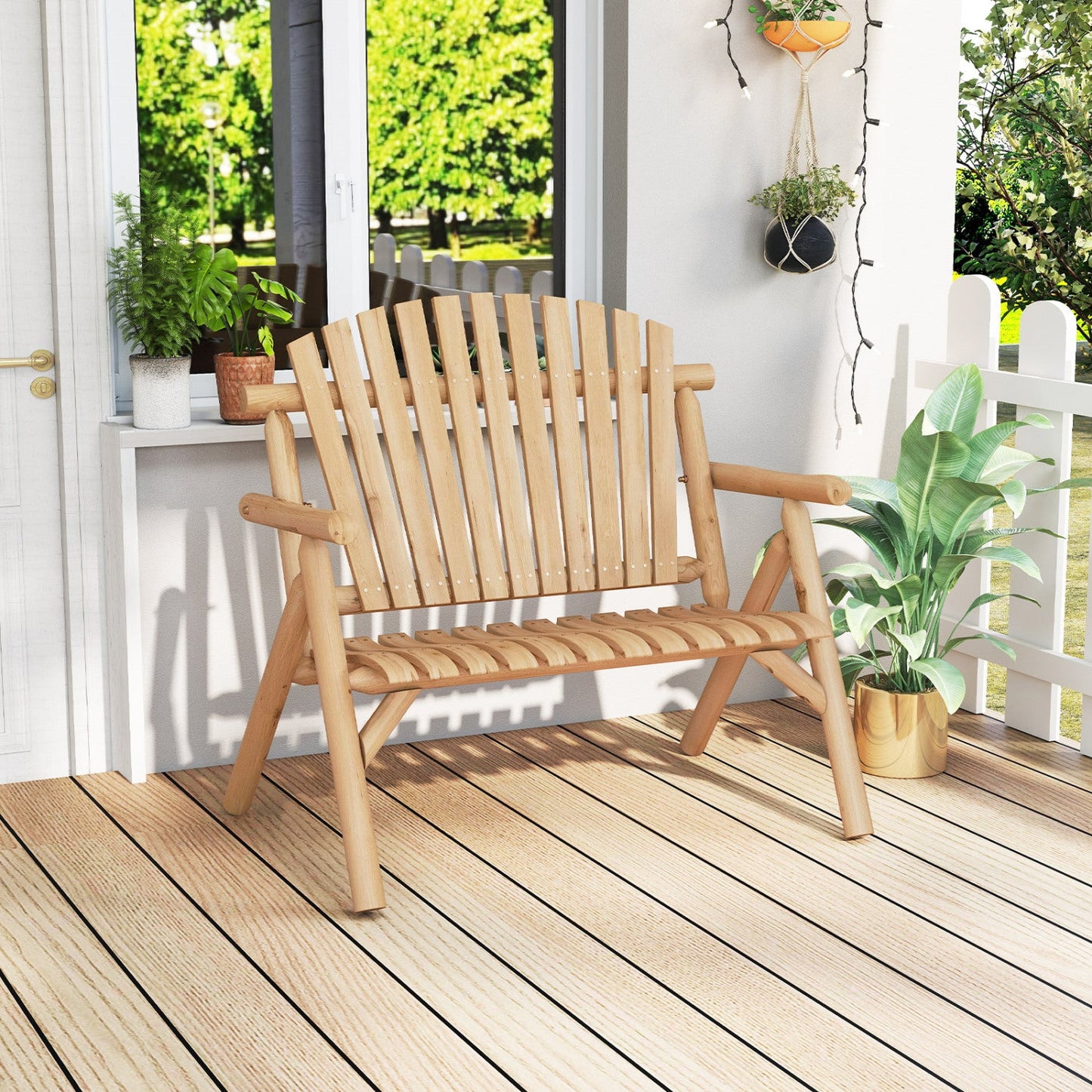 2-Person log wood patio bench with slatted backrest in natural finish DirectDeals outdoor bench on Tampa Home & Garden Store