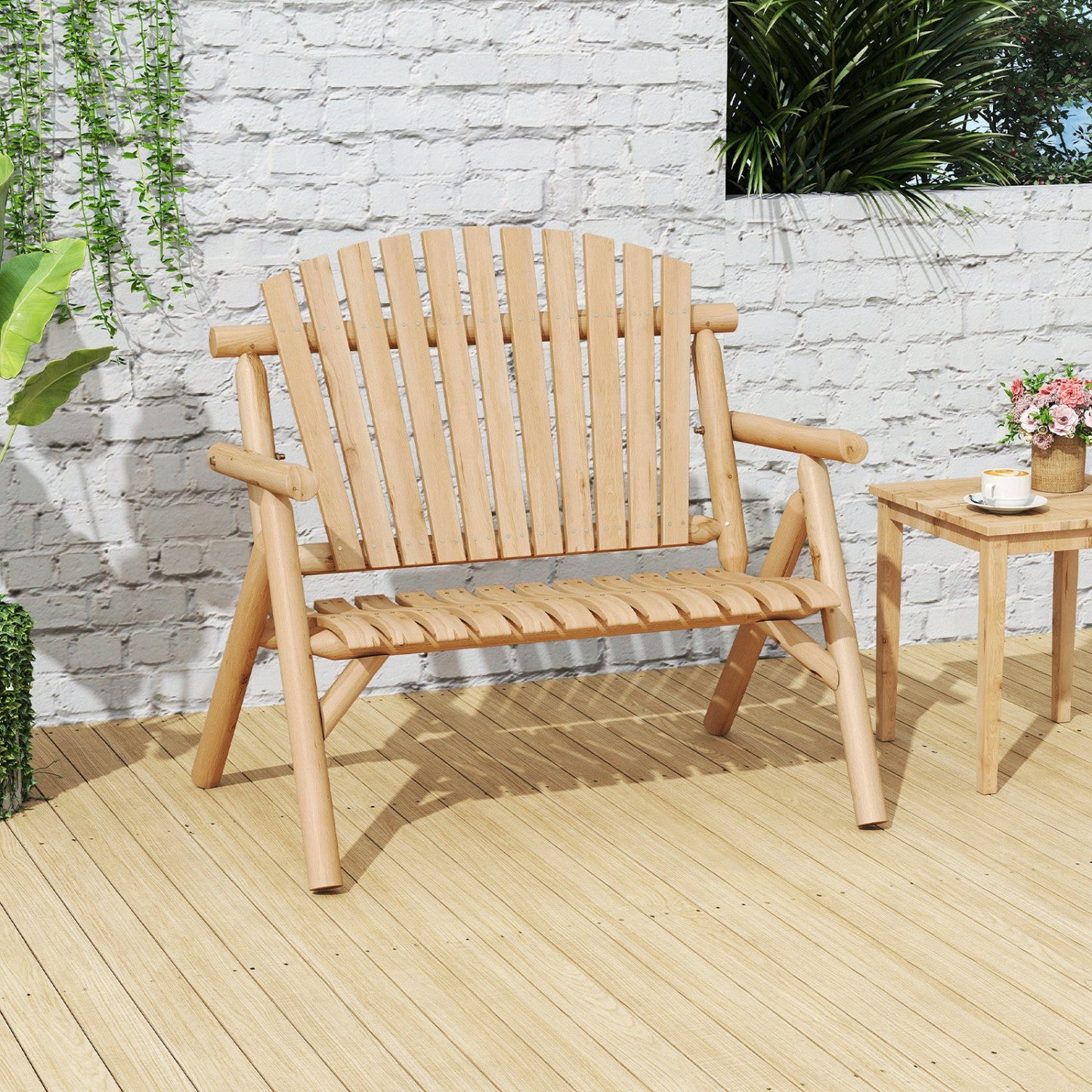 2-Person log wood patio bench by DirectDeals with slatted backrest in natural finish on Tampa Home & Garden Store