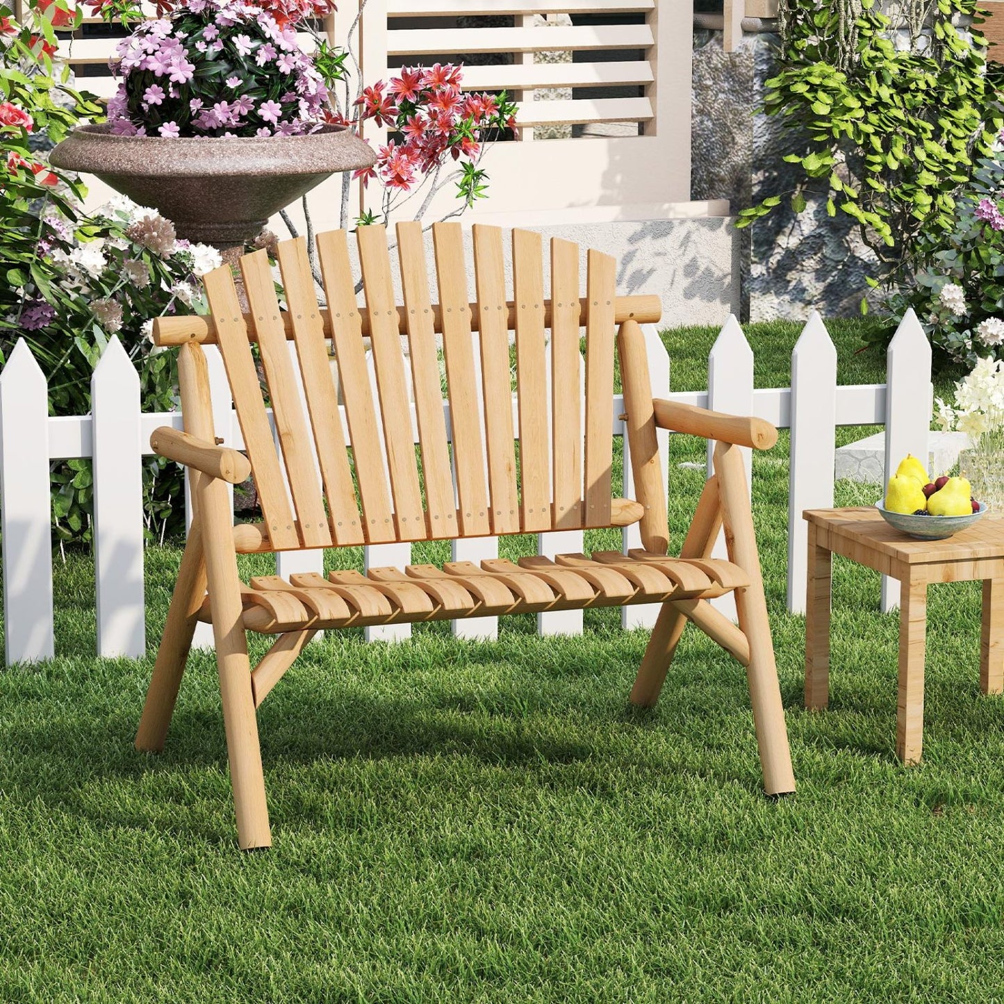 2-Person Log Wood Patio Bench with Slatted Backrest in natural wood by DirectDeals outdoor bench on Tampa Home & Garden Store