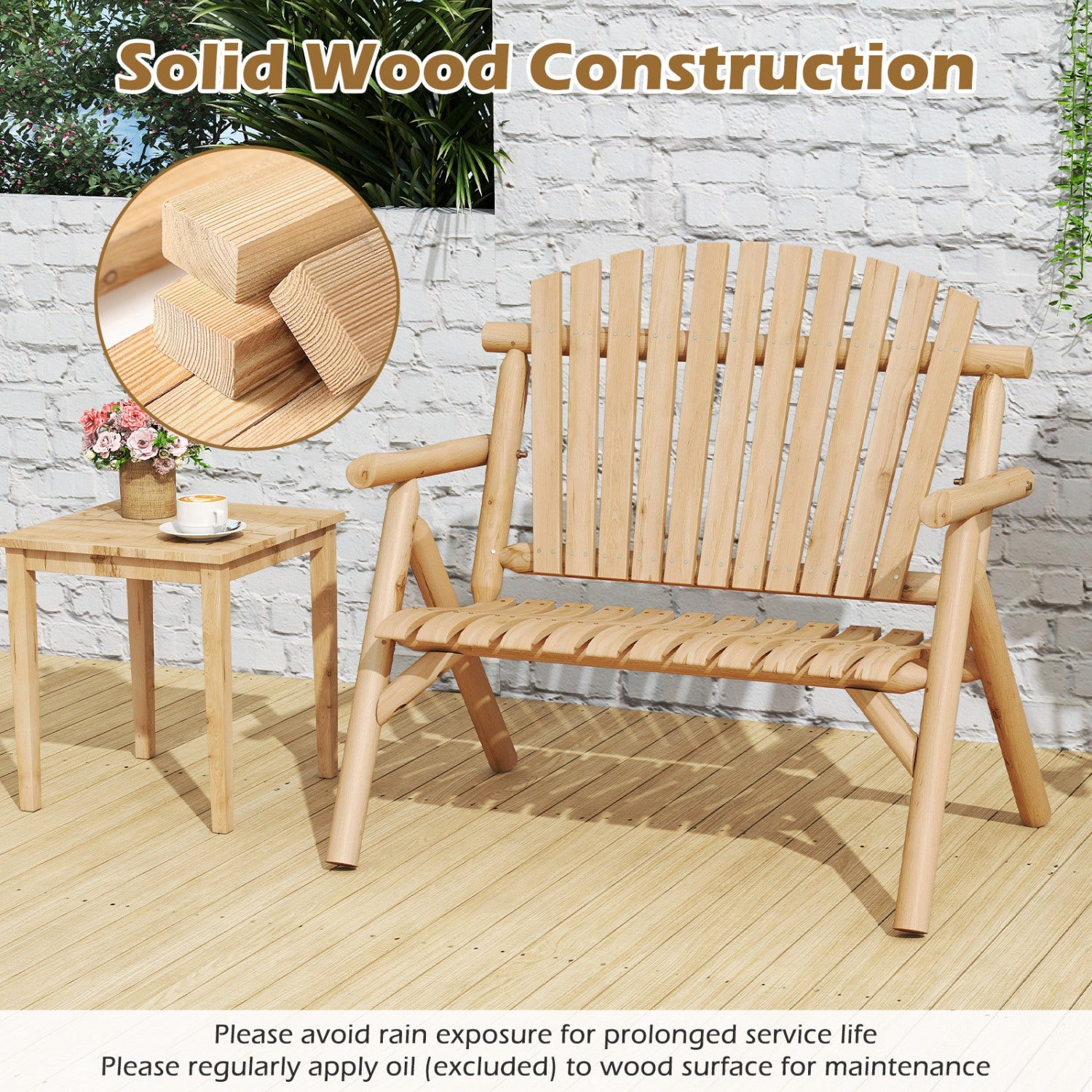 2-Person log wood outdoor bench with slatted backrest and natural finish on Tampa Home & Garden Store