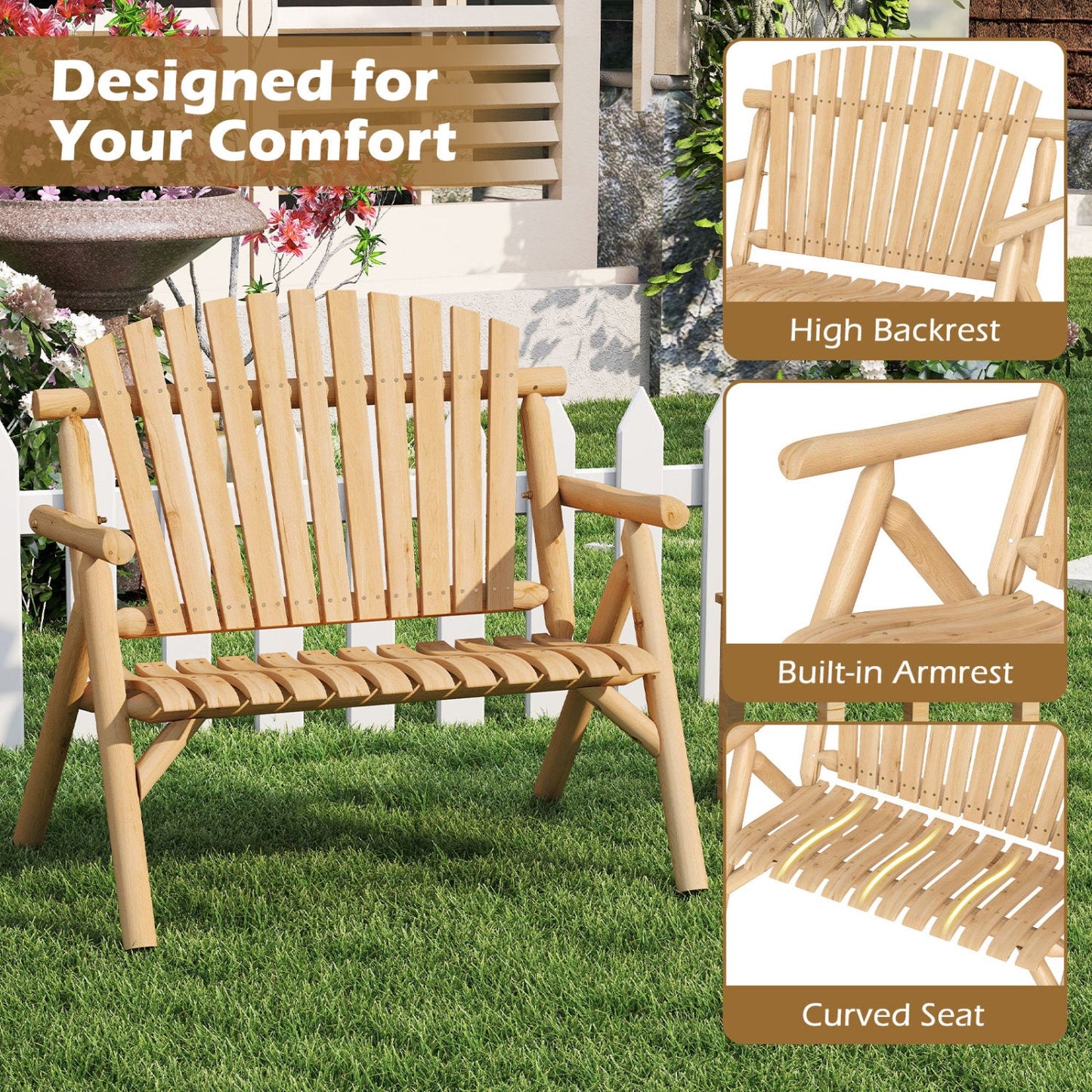 2-Person log wood patio bench with slatted backrest in natural wood and armrests DirectDeals on Tampa Home & Garden Store