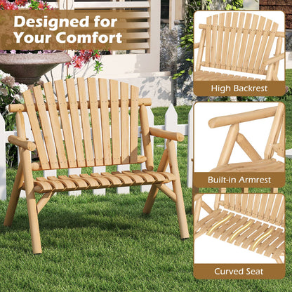 2-Person log wood patio bench with slatted backrest in natural wood and armrests DirectDeals on Tampa Home & Garden Store