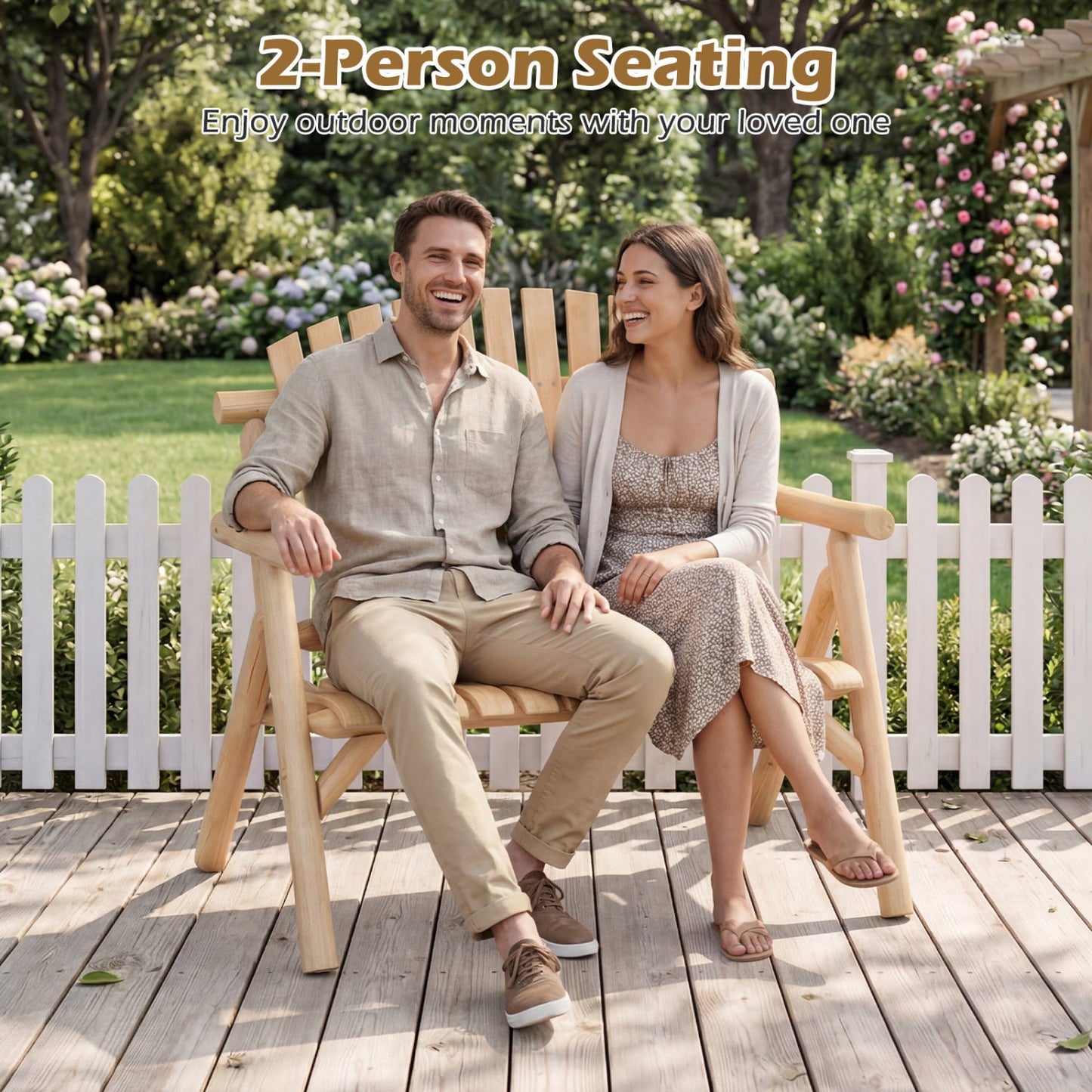 2-person log wood patio bench with slatted backrest, natural wood; two people seated outdoors on Tampa Home & Garden Store