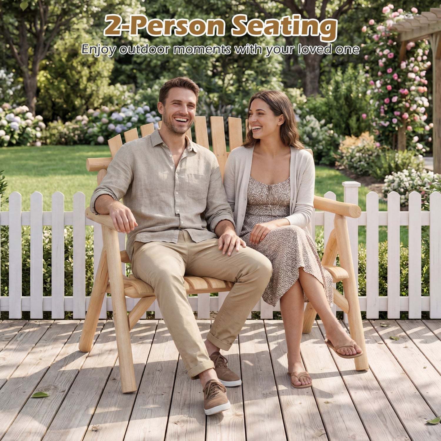 2-person log wood patio bench with slatted backrest, natural wood; two people seated outdoors on Tampa Home & Garden Store