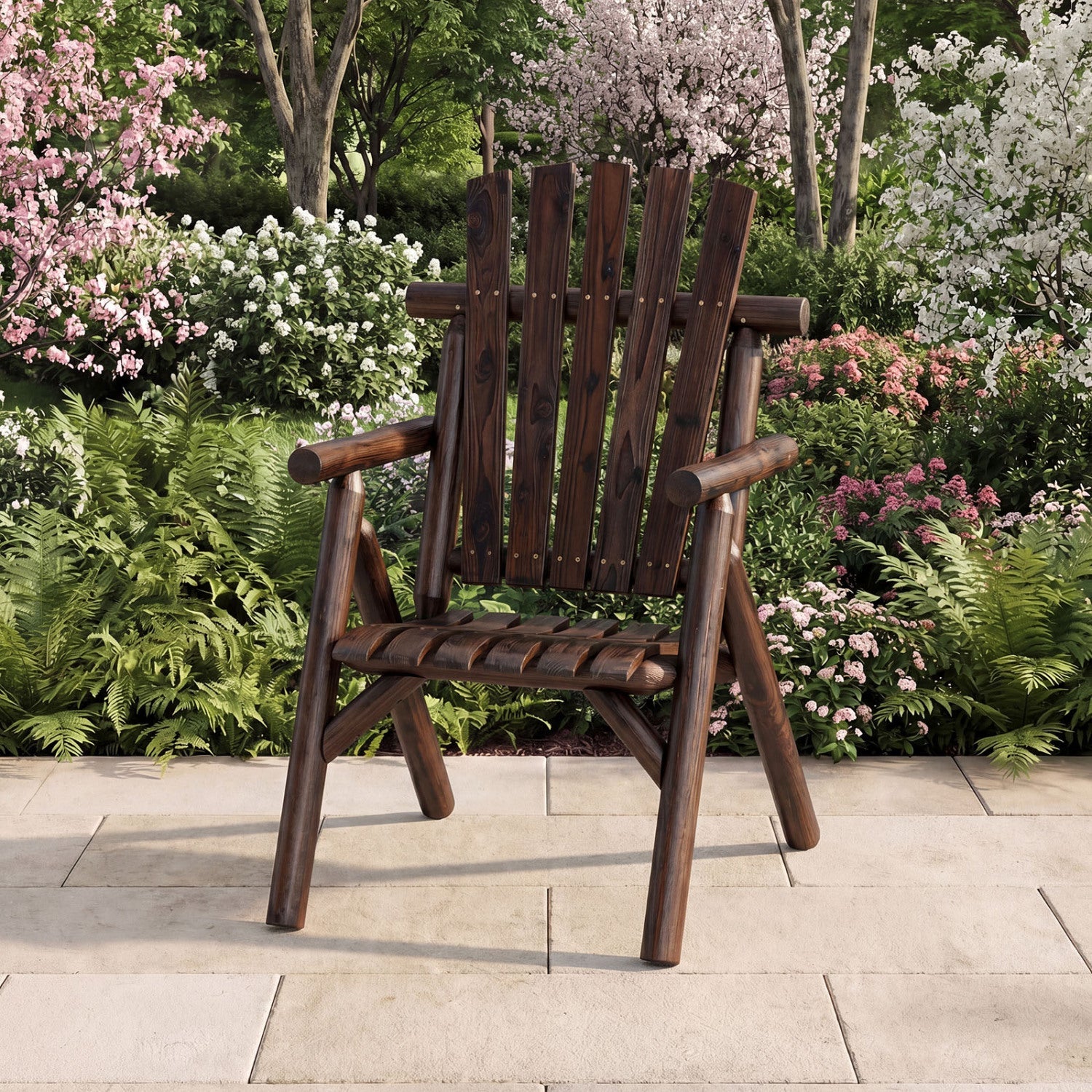 Solid wood patio chair in dark brown with curved seat and slatted backrest DirectDeals on Tampa Home & Garden Store