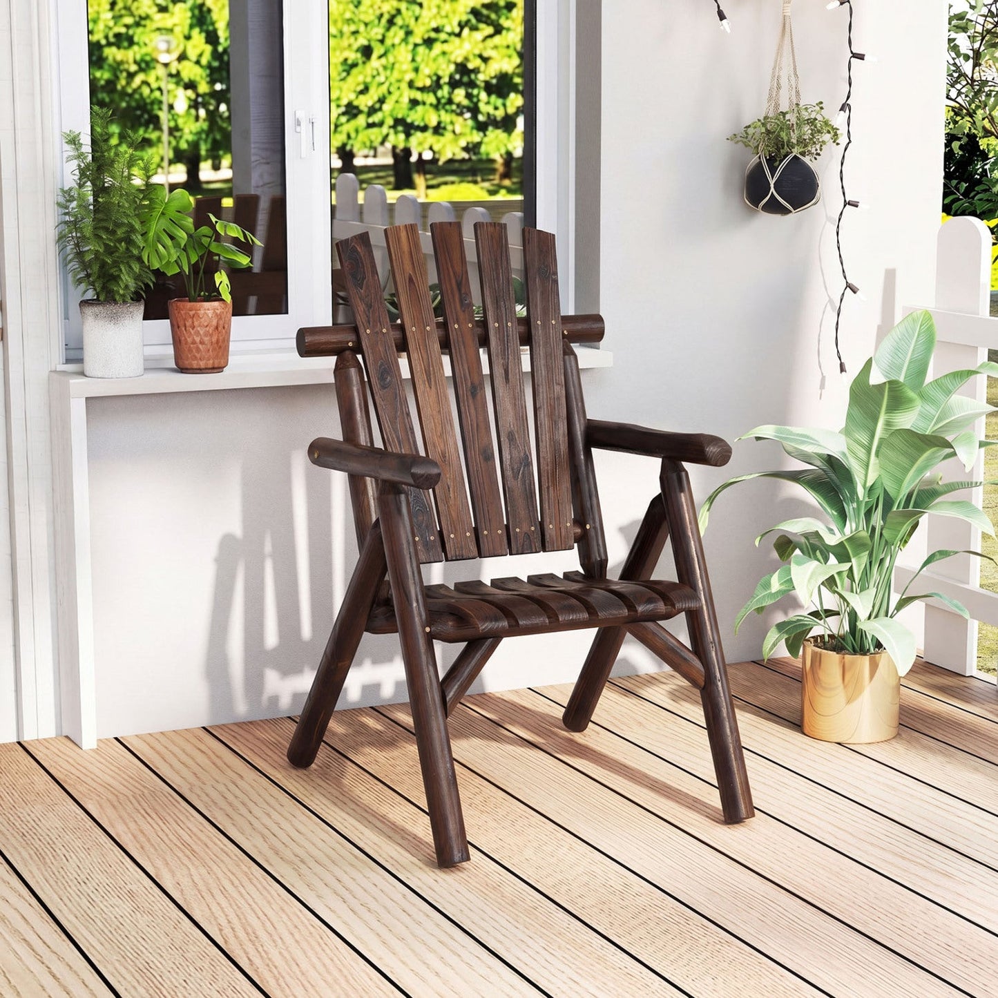 Solid wood patio chair with curved seat and slatted backrest in dark brown DirectDeals on Tampa Home & Garden Store