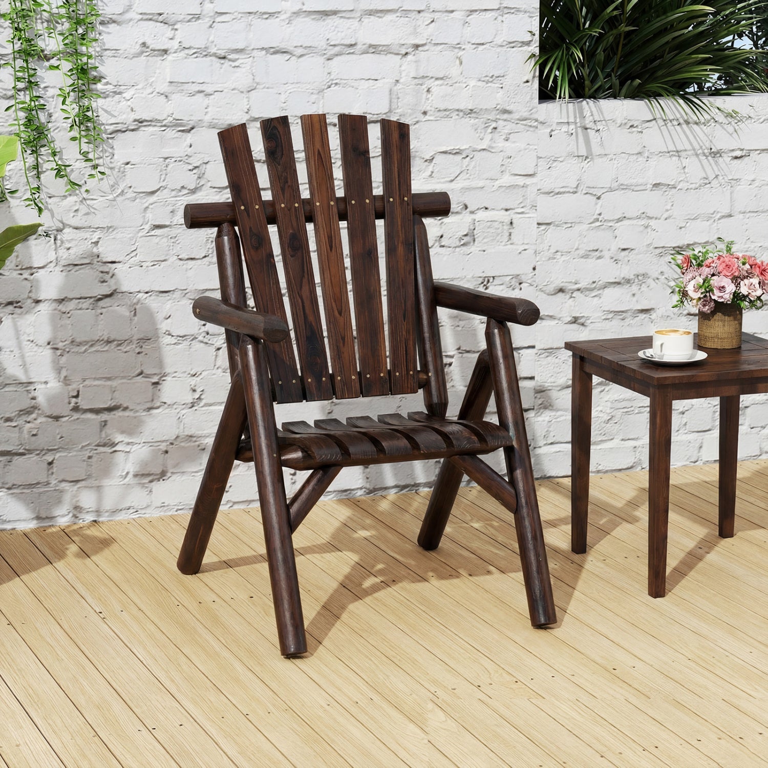Solid Wood Patio Chair with curved seat and slatted back in dark brown finish on Tampa Home & Garden Store