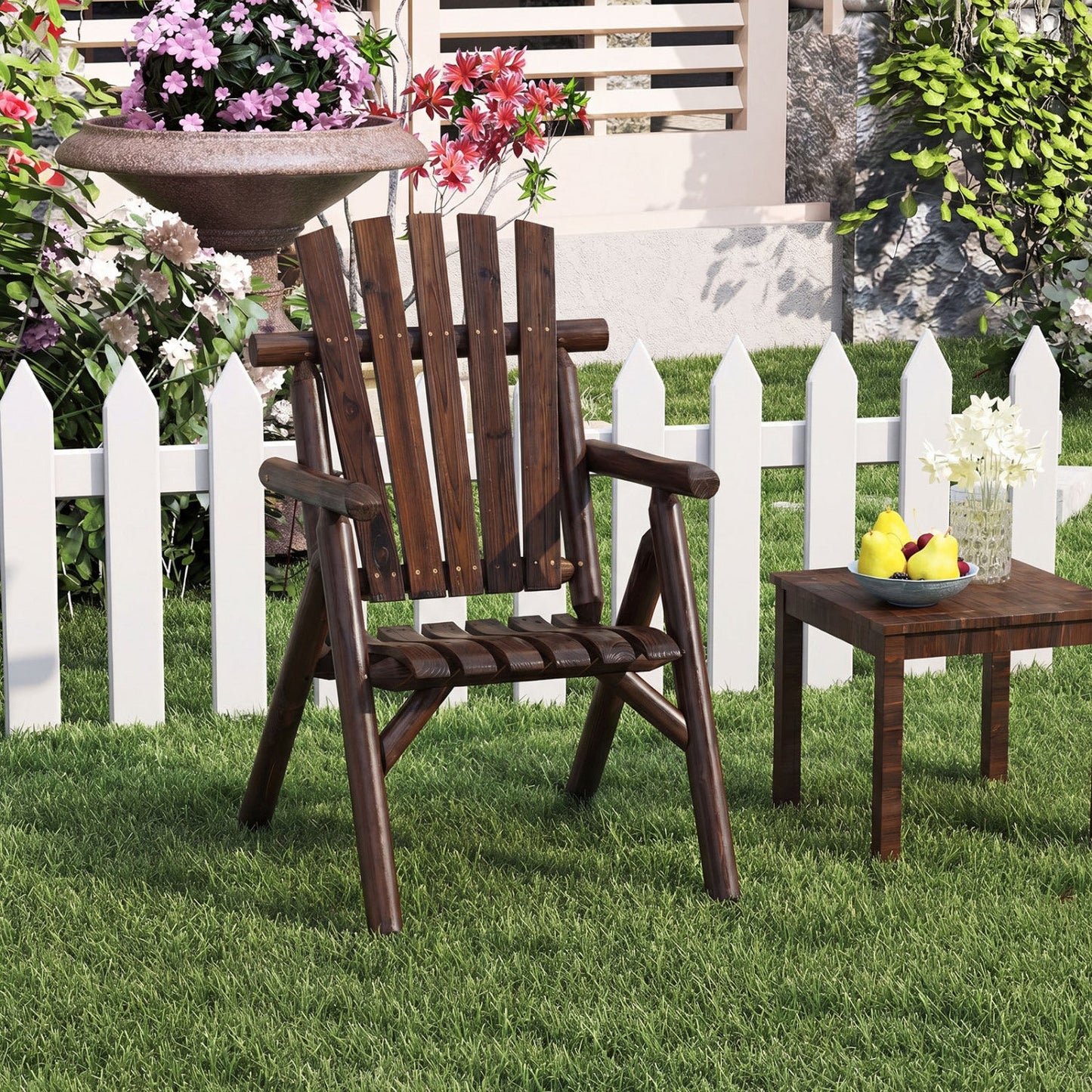Solid wood patio chair by DirectDeals with curved seat and slatted backrest in dark brown on Tampa Home & Garden Store