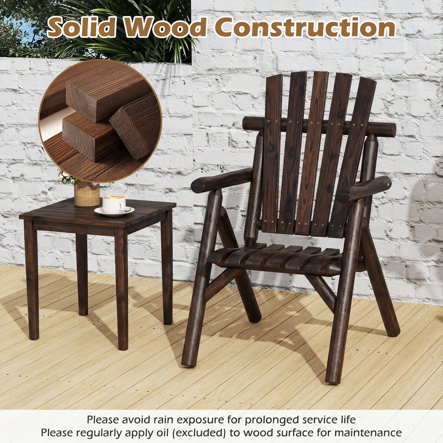 Solid Wood Patio Chair DirectDeals with curved seat and slatted backrest in dark brown finish on Tampa Home & Garden Store