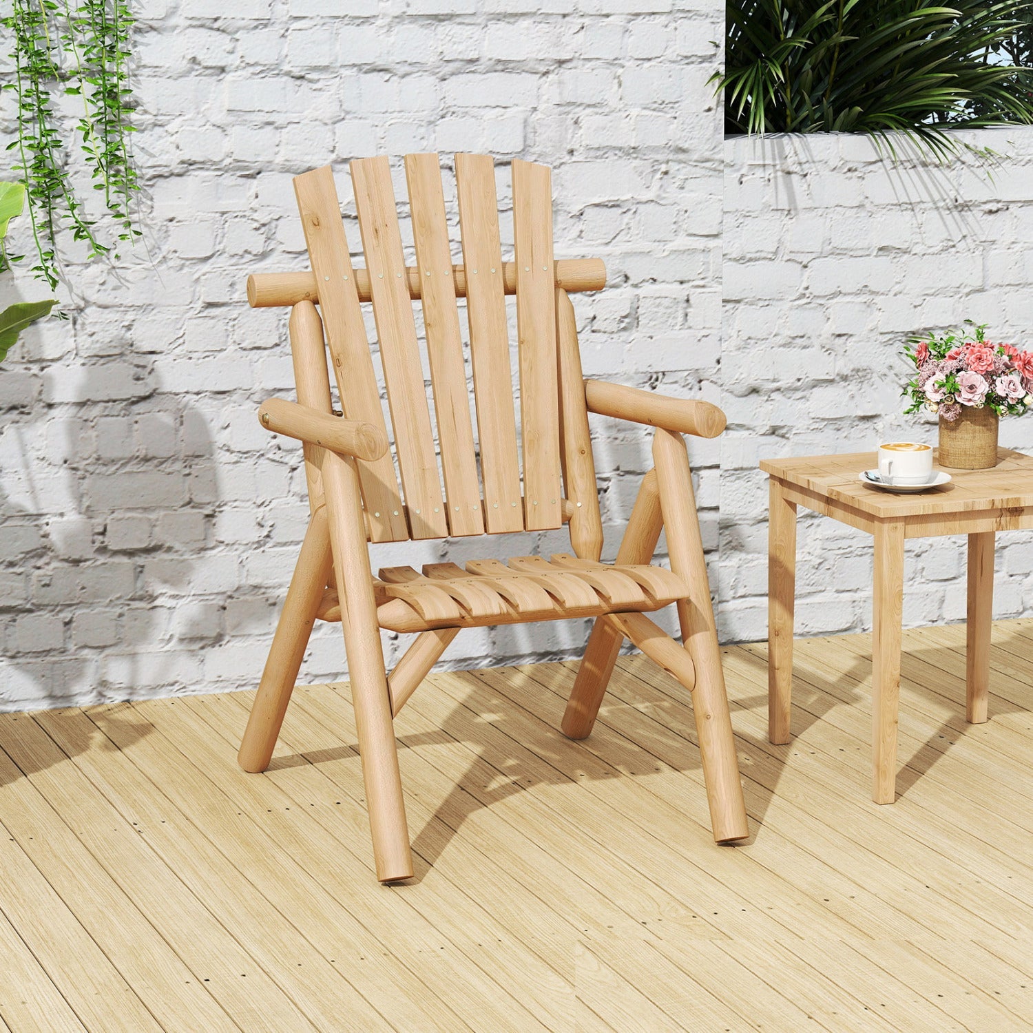 Solid wood patio chair with curved seat and slatted backrest in natural finish beside side table on Tampa Home & Garden Store