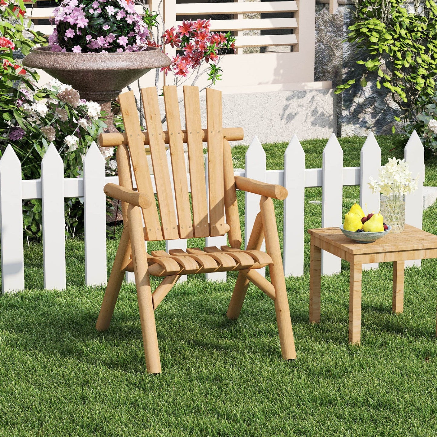 Solid wood natural finish outdoor chair with curved seat and slatted backrest DirectDeals on Tampa Home & Garden Store
