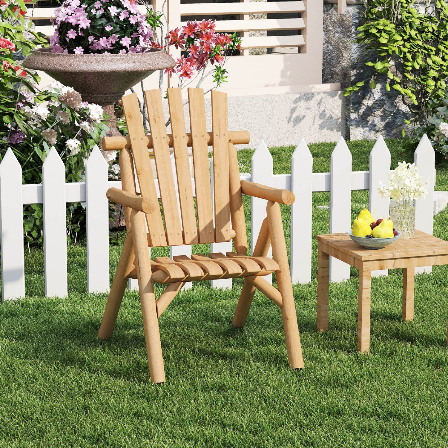 Solid wood natural finish outdoor chair with curved seat and slatted backrest DirectDeals on Tampa Home & Garden Store