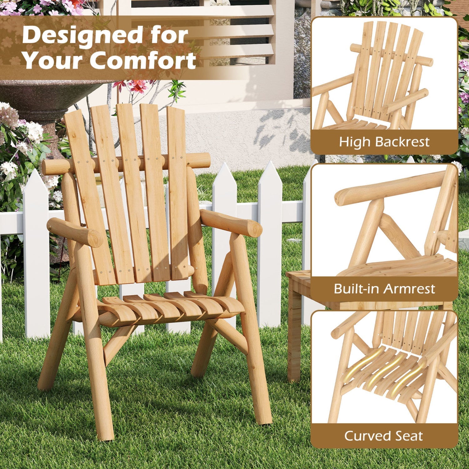 Solid wood patio chair by DirectDeals with curved seat and slatted back on Tampa Home & Garden Store