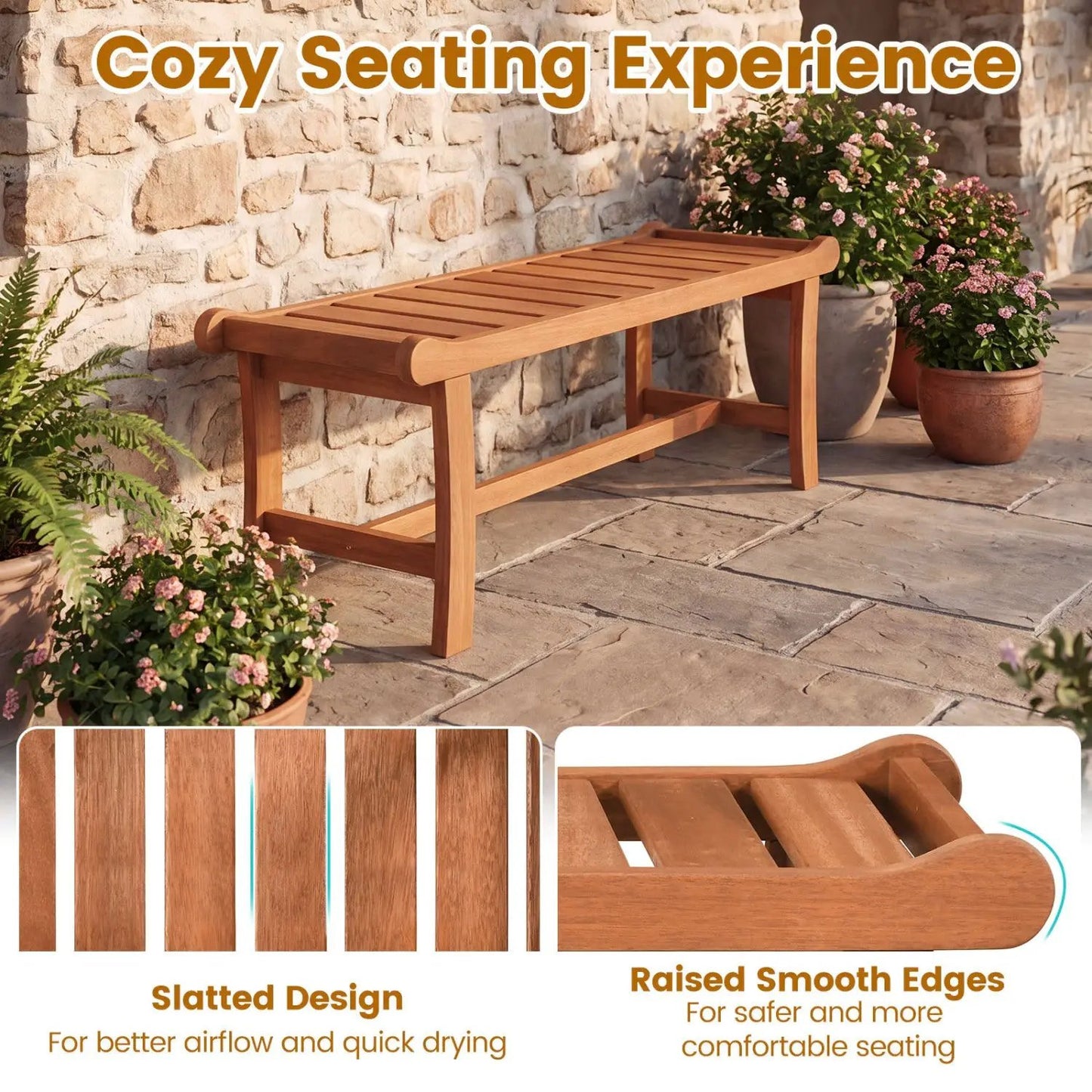 2-Person Outdoor Wood Bench With Slatted Seat