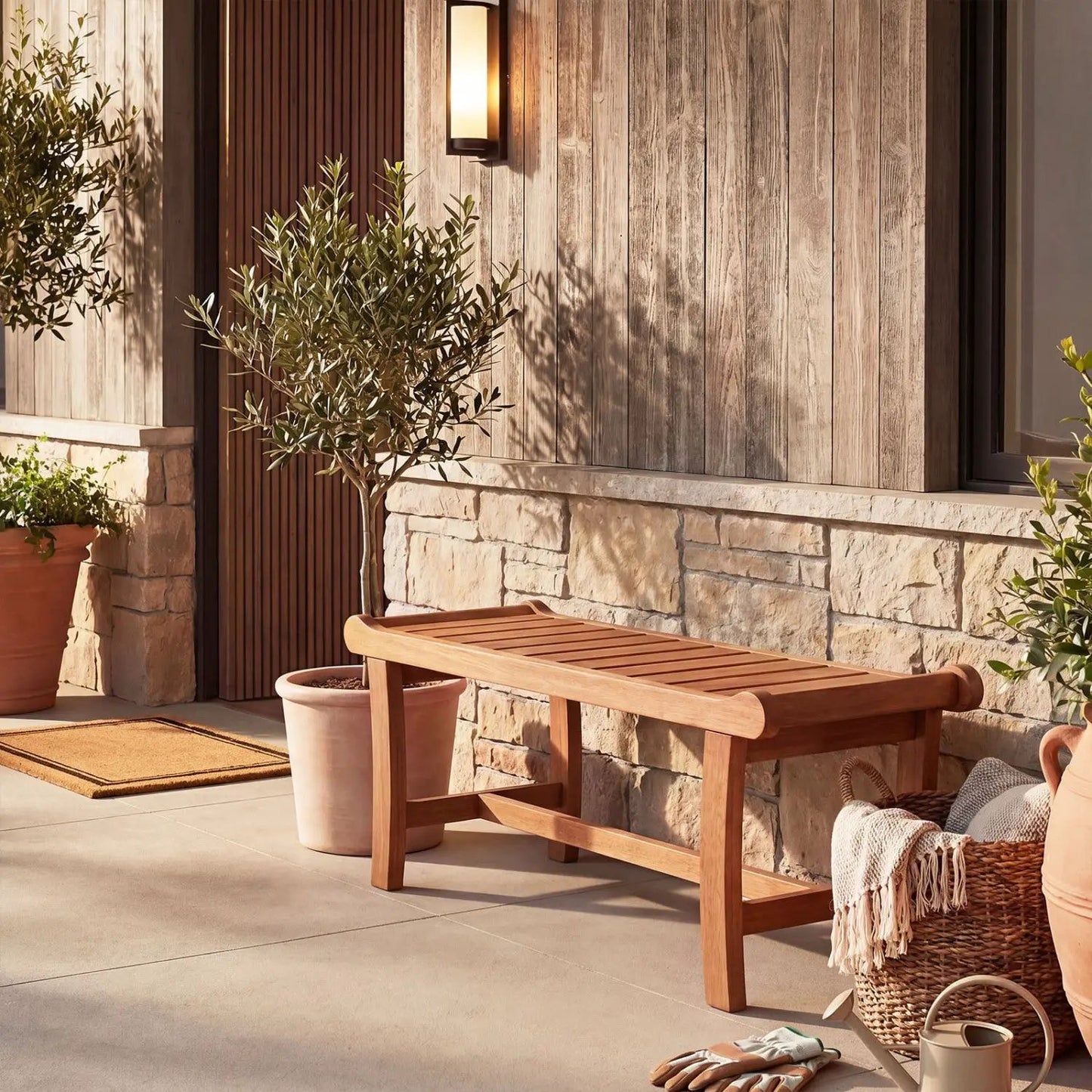 2-Person Outdoor Wood Bench With Slatted Seat