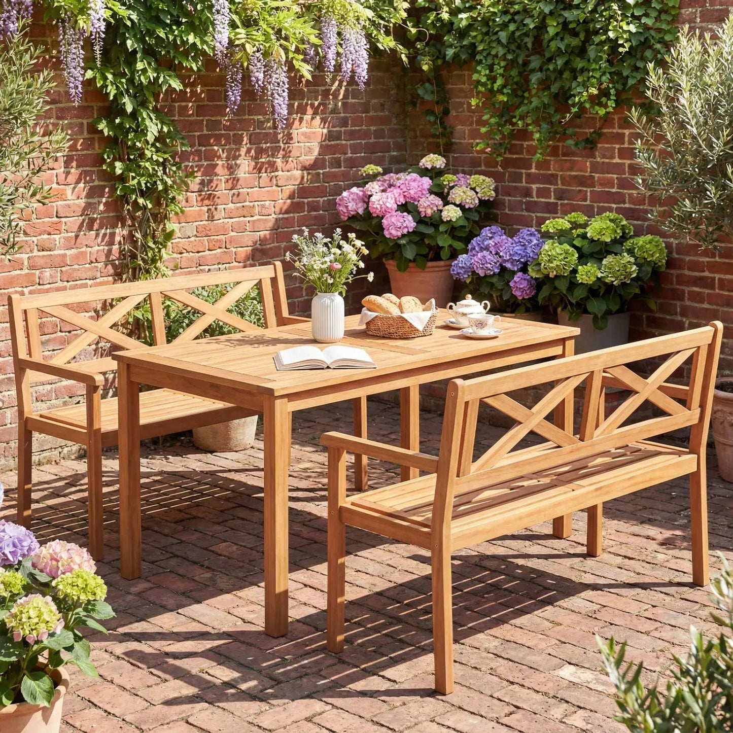 Two Person Acacia Wood Patio Chair with Armrests