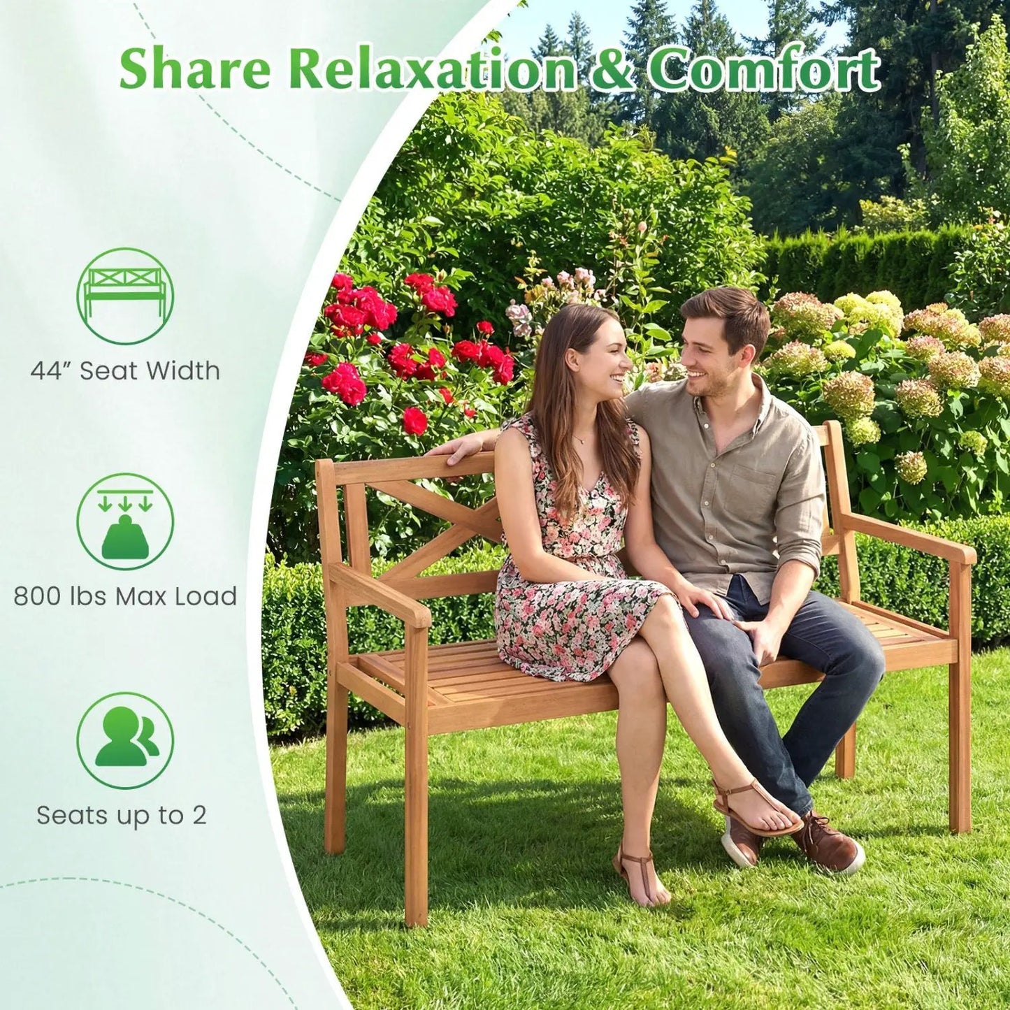 Two Person Acacia Wood Patio Chair with Armrests