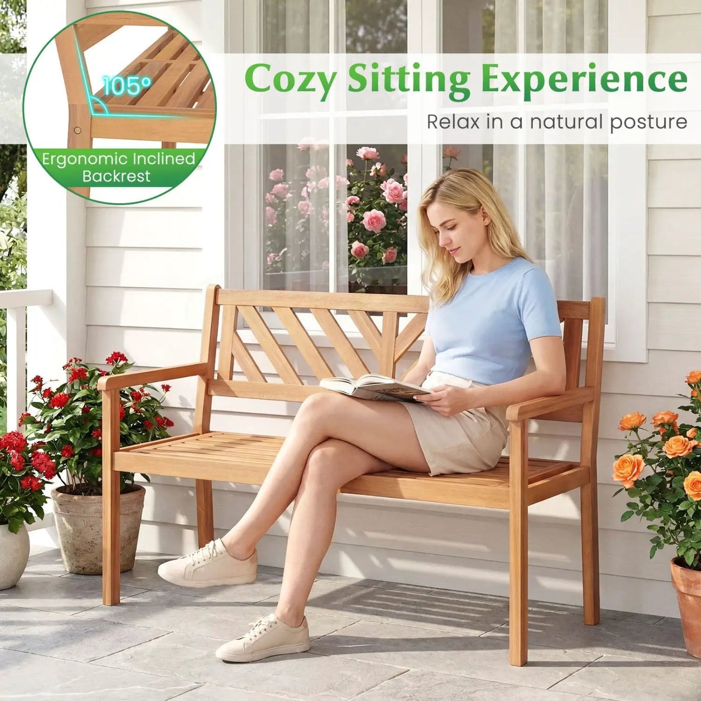 Two Person Acacia Wood Chair With Backrest