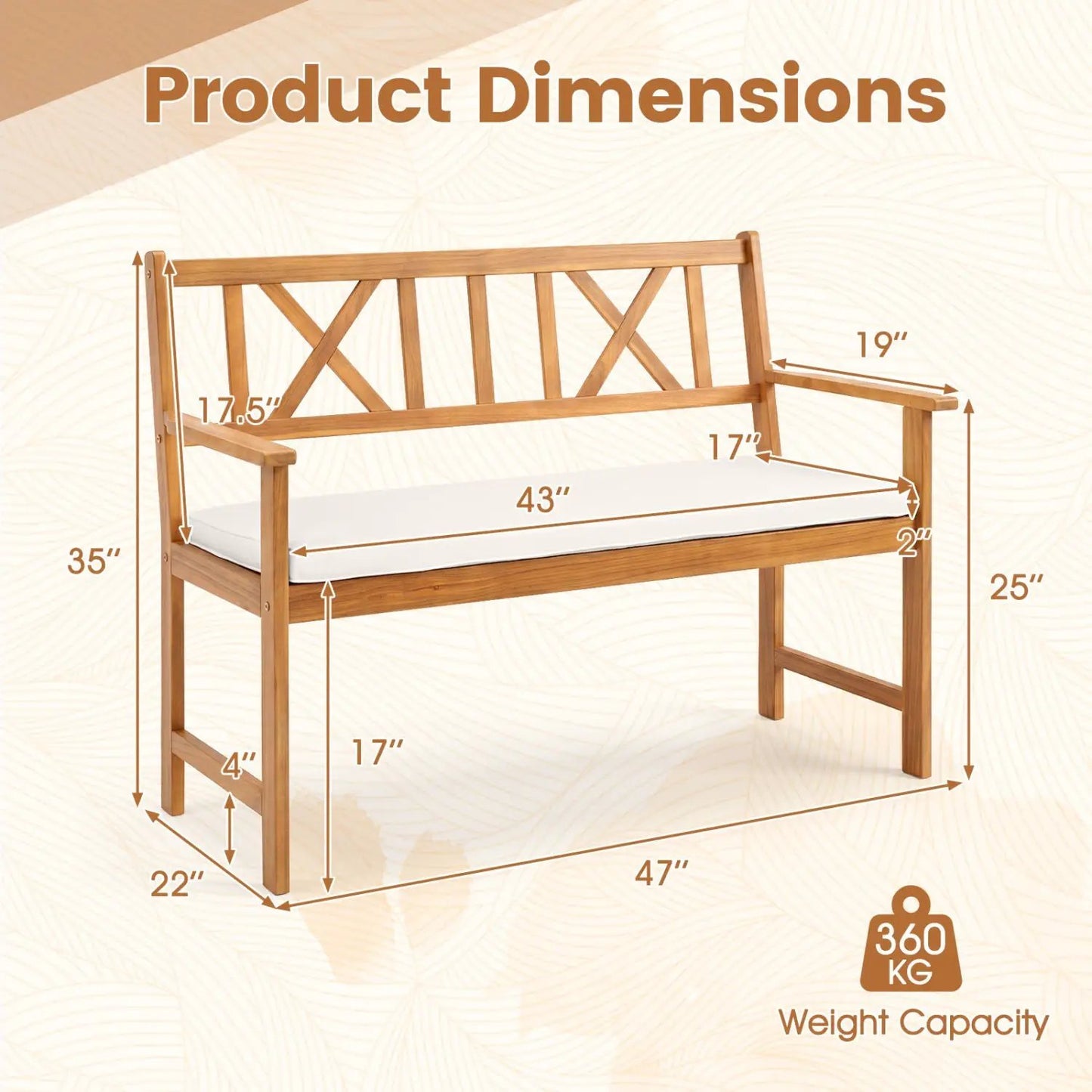 2 Person Acacia Wood Garden Bench With Cushion