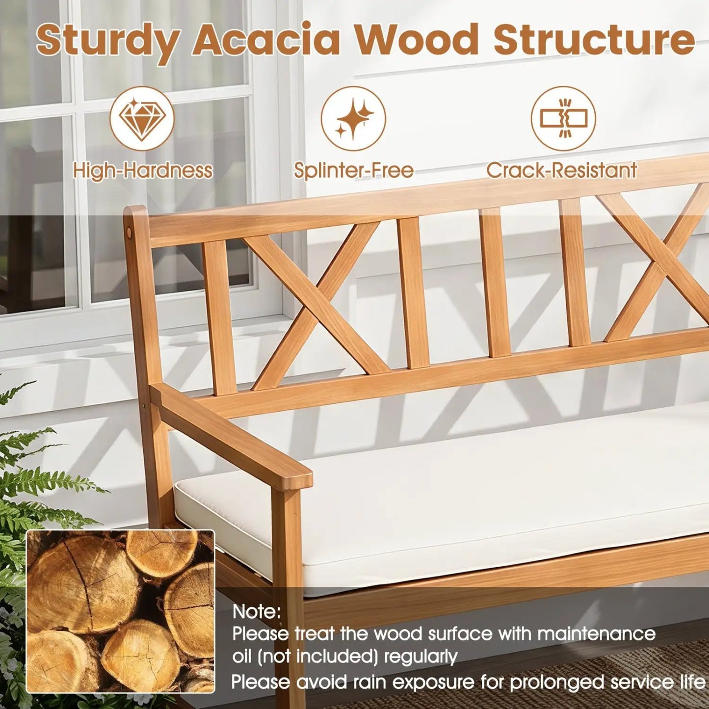 2 Person Acacia Wood Garden Bench With Cushion