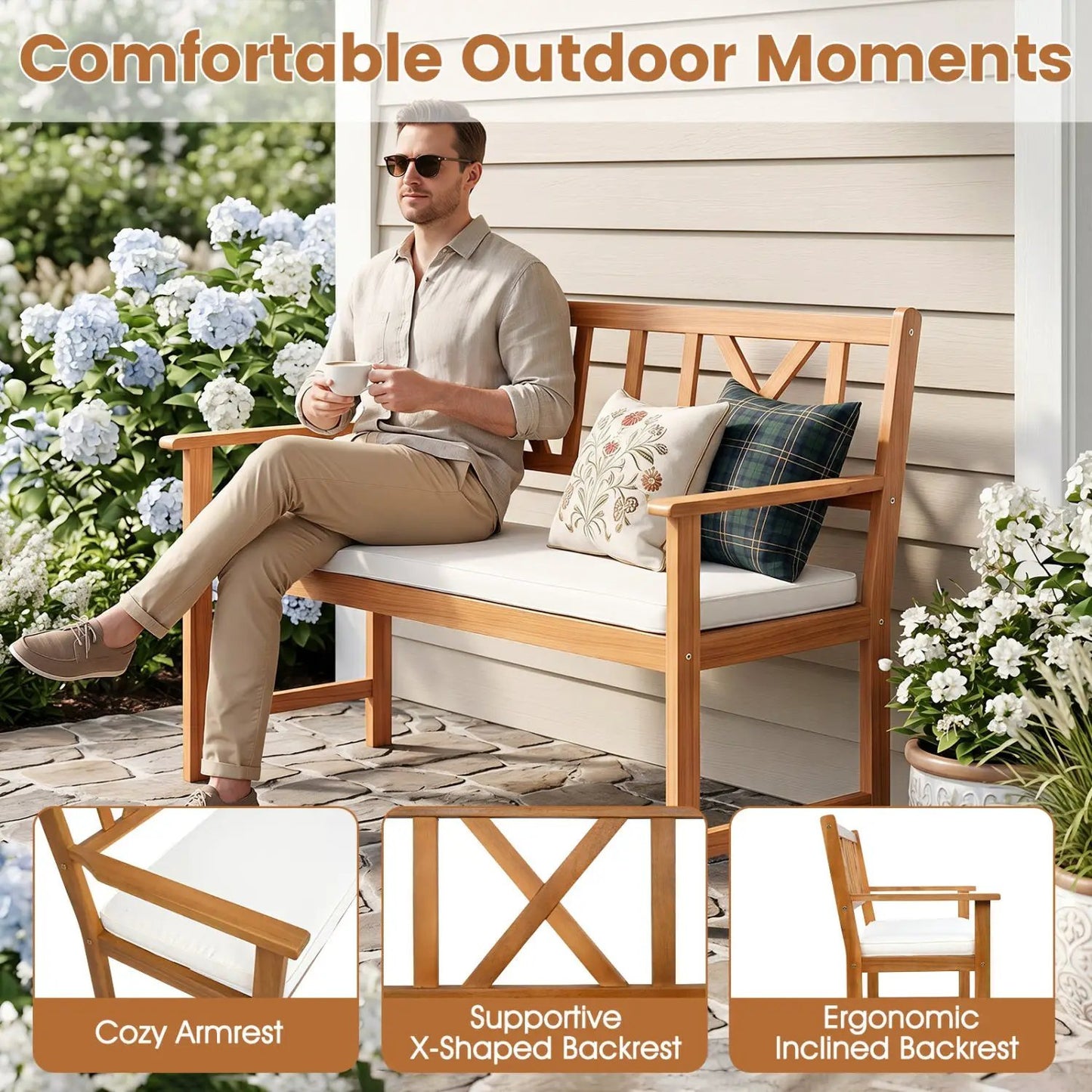 2 Person Acacia Wood Garden Bench With Cushion
