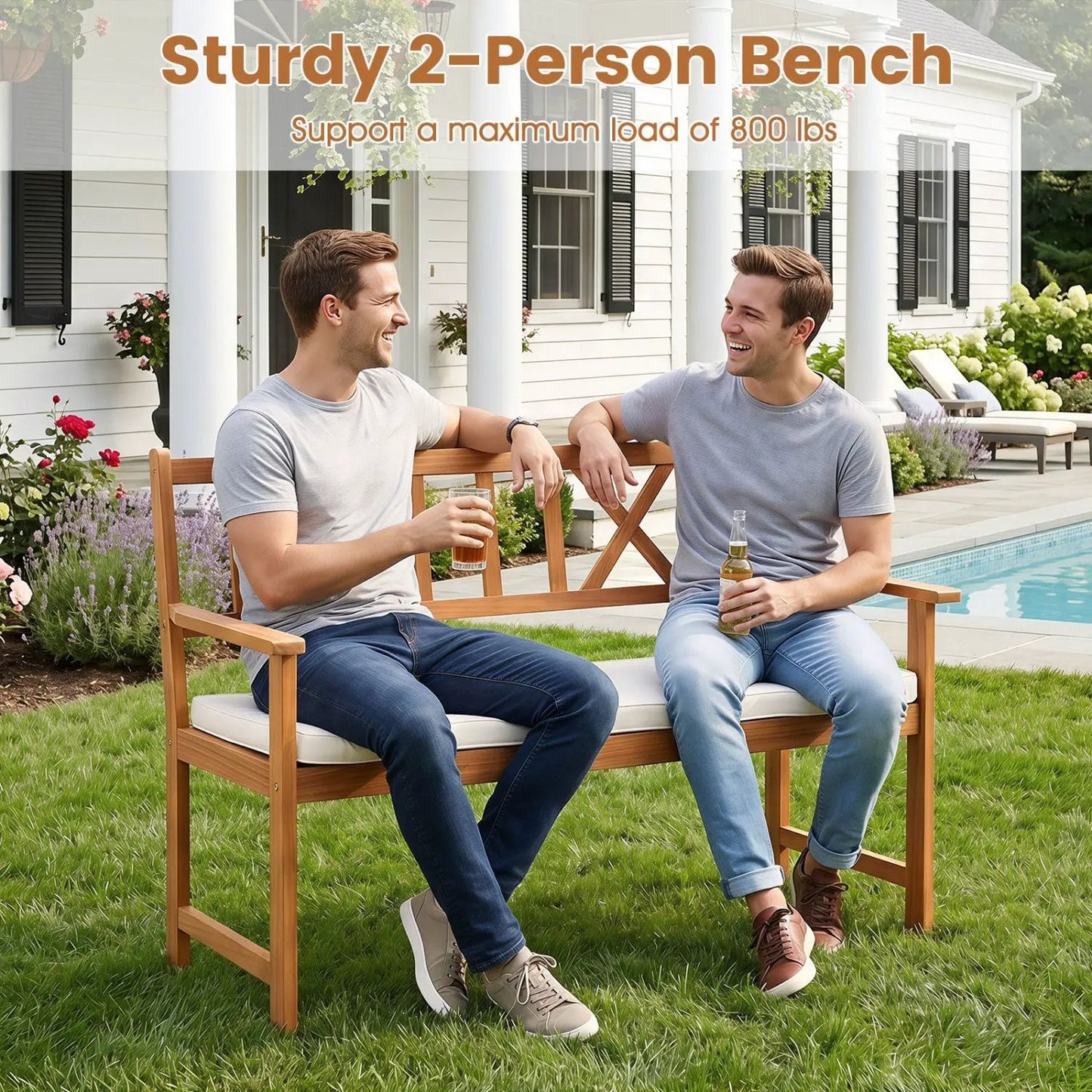 2 Person Acacia Wood Garden Bench With Cushion
