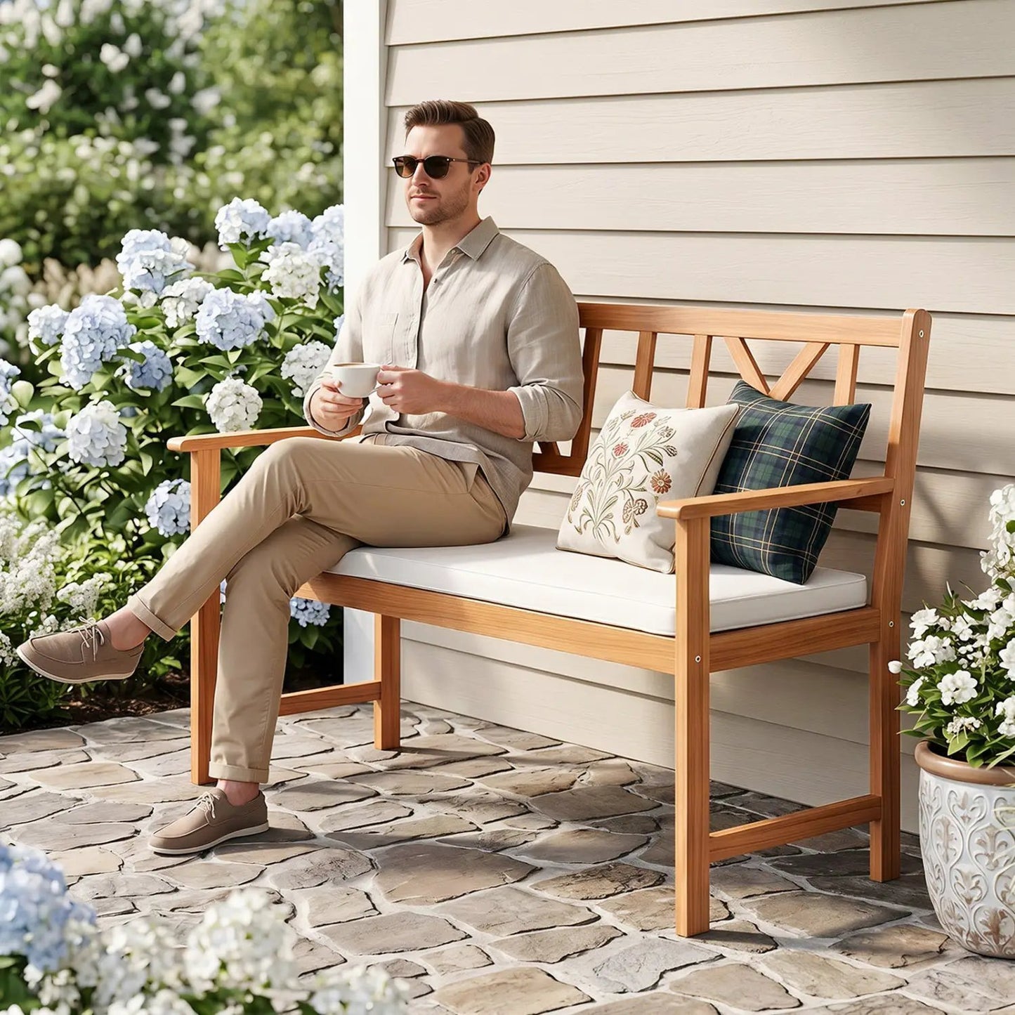 2 Person Acacia Wood Garden Bench With Cushion