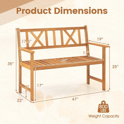 Two Person Acacia Wood Bench X Shaped Backrest