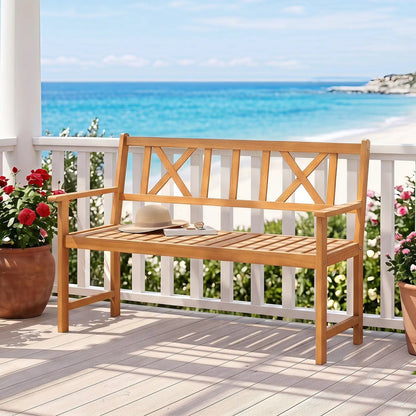 Two Person Acacia Wood Bench X Shaped Backrest