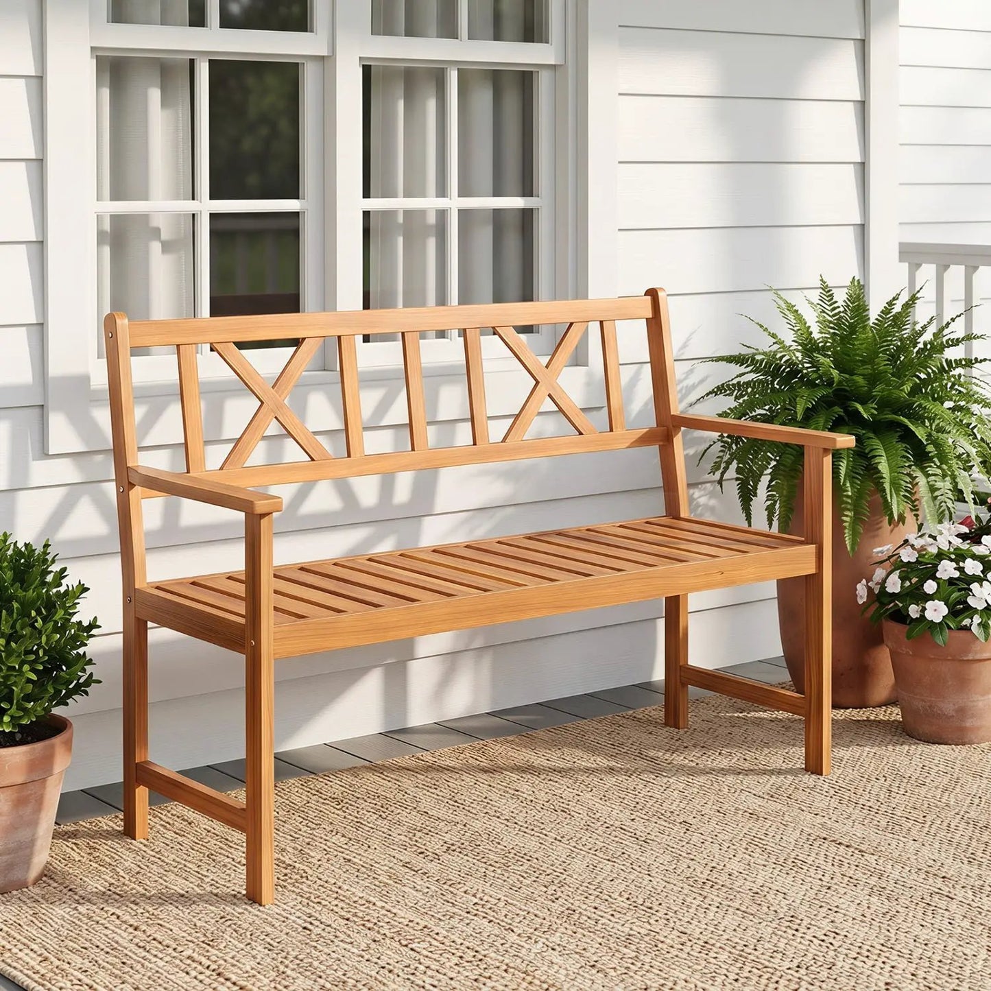 Two Person Acacia Wood Bench X Shaped Backrest