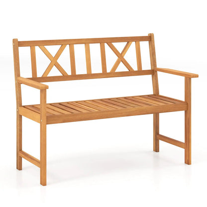 Two Person Acacia Wood Bench X Shaped Backrest