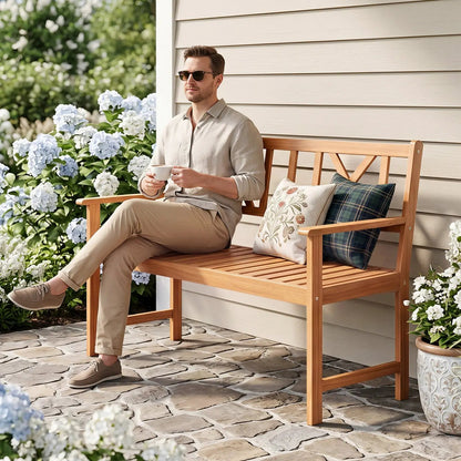 Two Person Acacia Wood Bench X Shaped Backrest