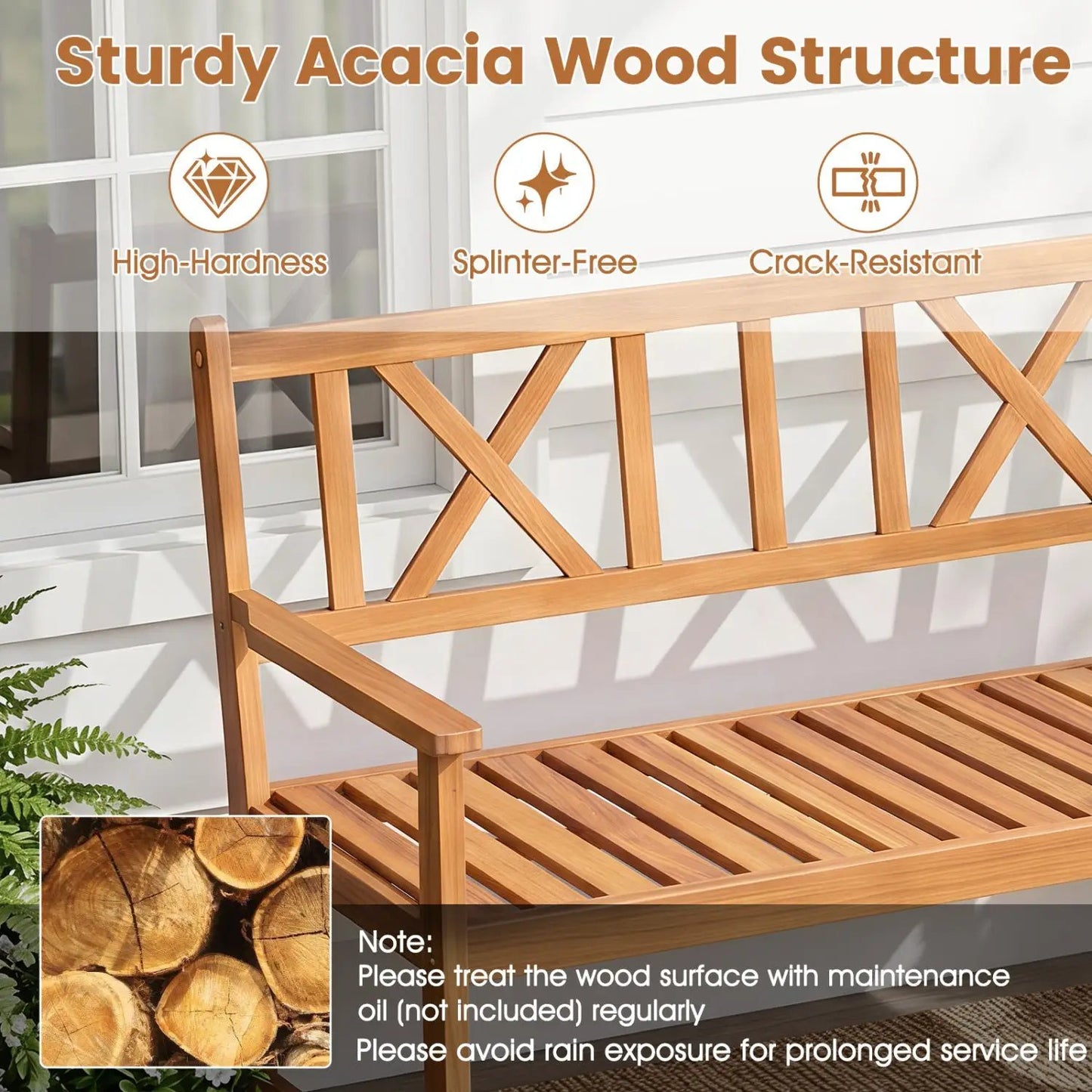 Two Person Acacia Wood Bench X Shaped Backrest