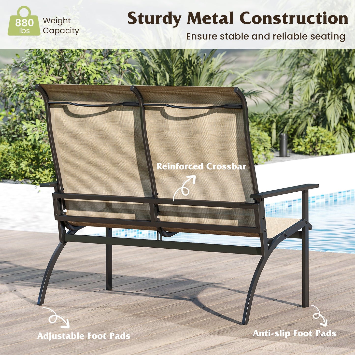 2-Person Patio Garden Bench with High Back and Armrests-Coffee