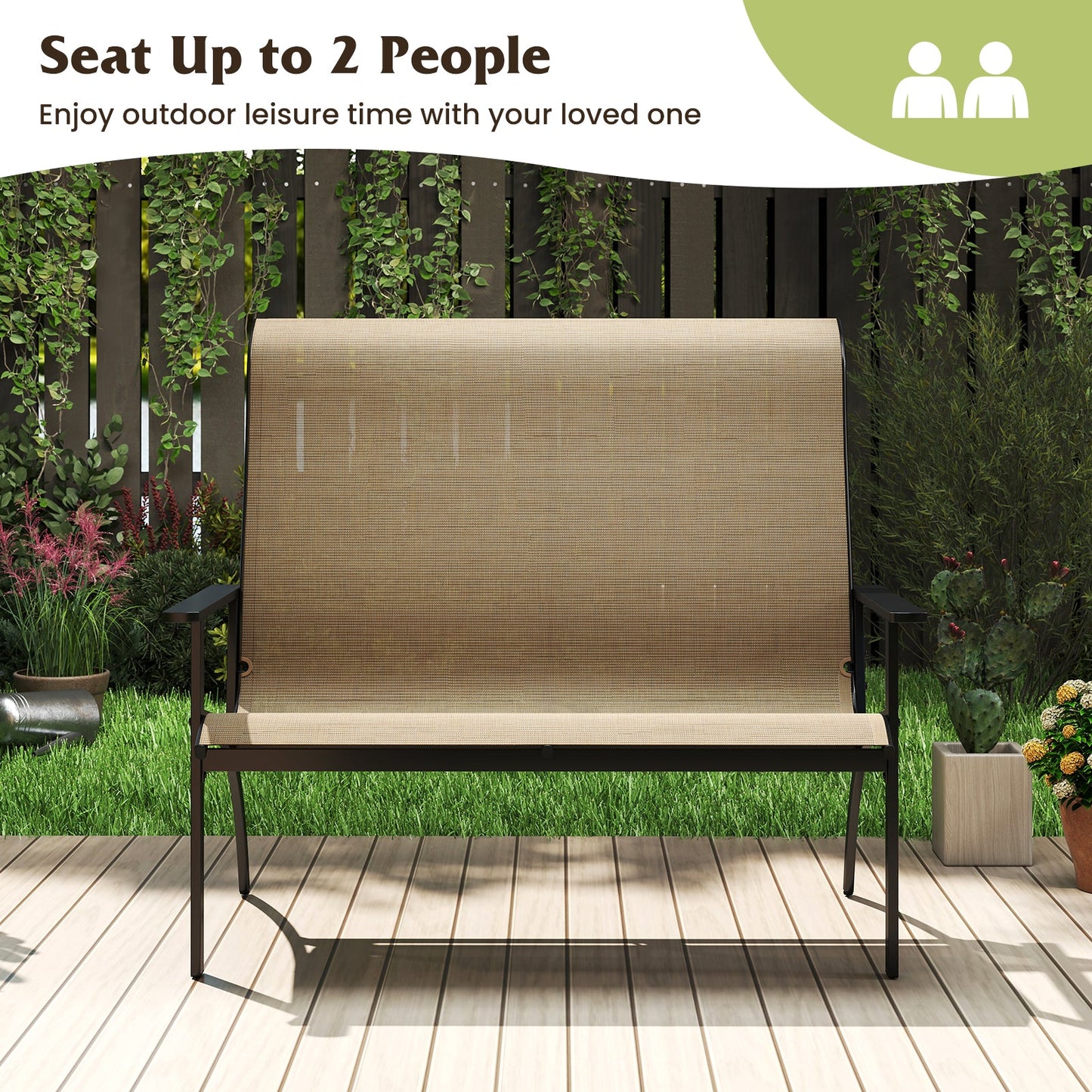 2-Person Patio Garden Bench with High Back and Armrests-Coffee