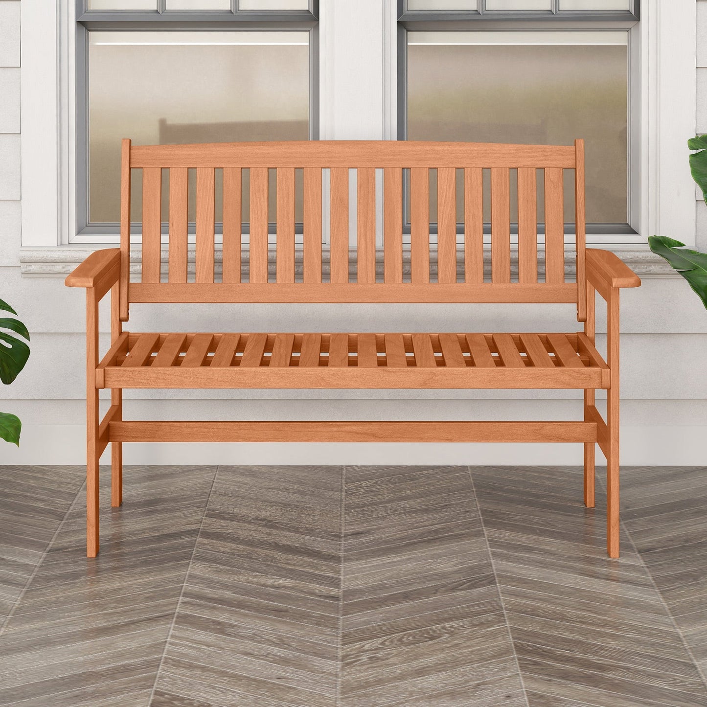 2-Person Patio Loveseat with Slatted Backrest and Comfortable Armrests